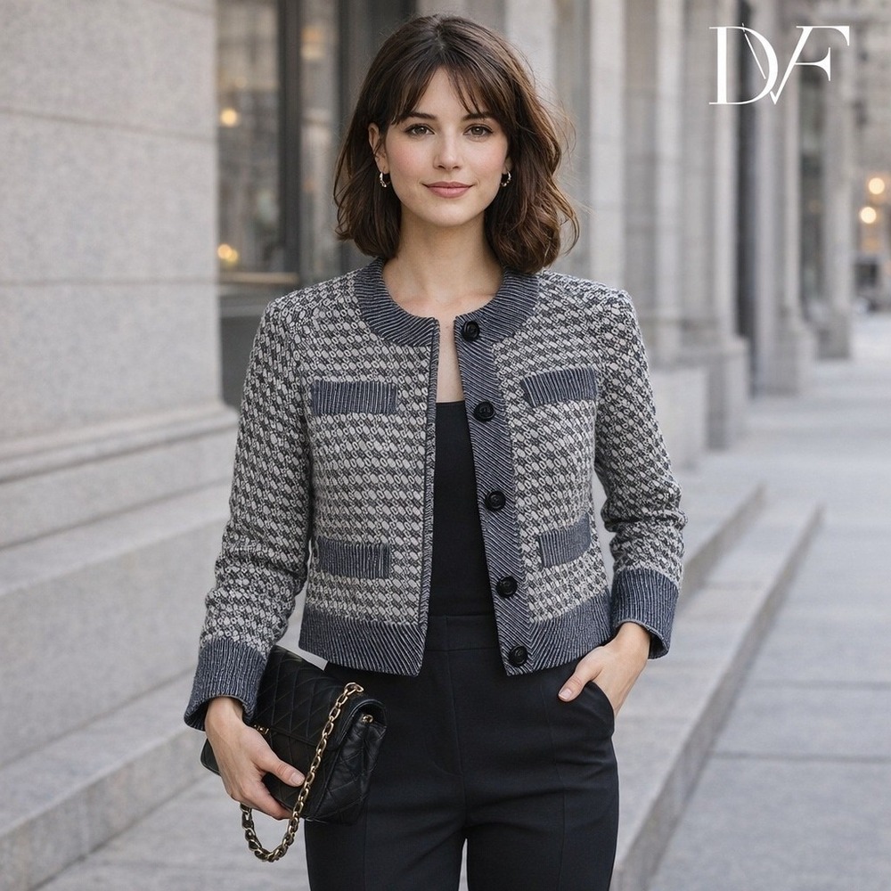 Diane von Furstenberg Jacket Womens 4 Black White Knit Classic Preppy Designer